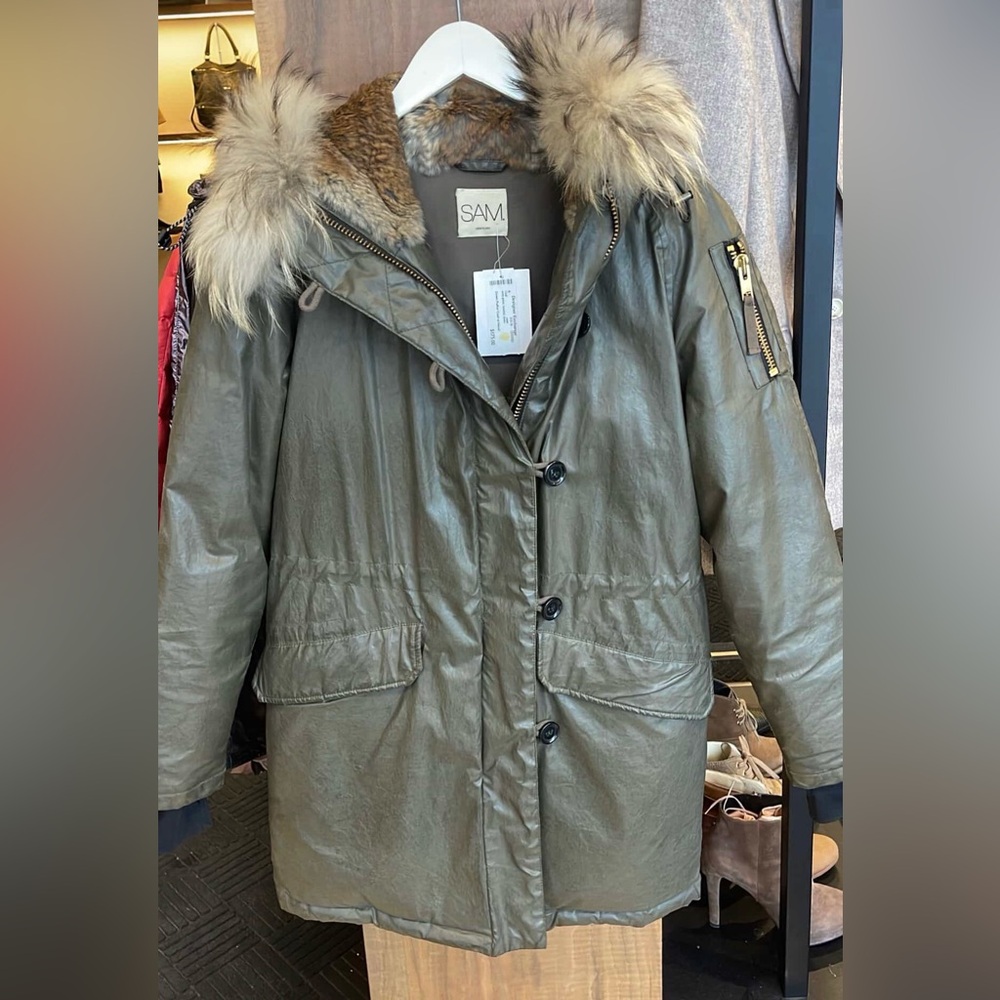 SAM. Women's Olive Utility Jacket with Rabbit Fur Hood